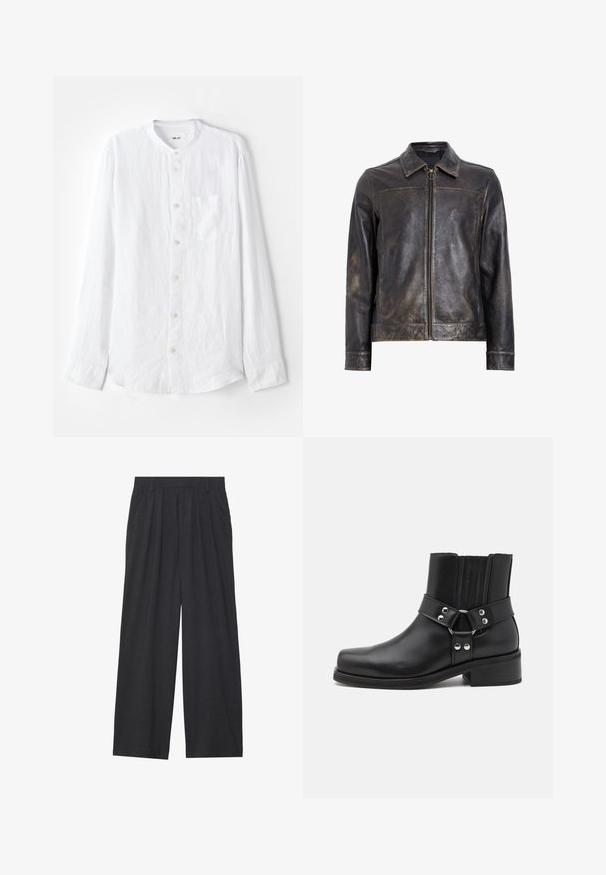 Jachetă din piele neagră cu închidere prin fermoar, guler înalt și o textură ușor uzată. Prezintă un accent hardware circular pe fermoar.; Cămașă albă cu mânecă lungă, dintr-un material texturat, cu guler în bandă, închidere cu nasturi, un buzunar pe piept și nasturi argintii.; Pantaloni largi dintr-un material gri închis. Prezintă pliuri la talie, un design ajustat și o siluetă dreaptă.; The Kooples CHAUSSURES - Botine cowboy/biker - black