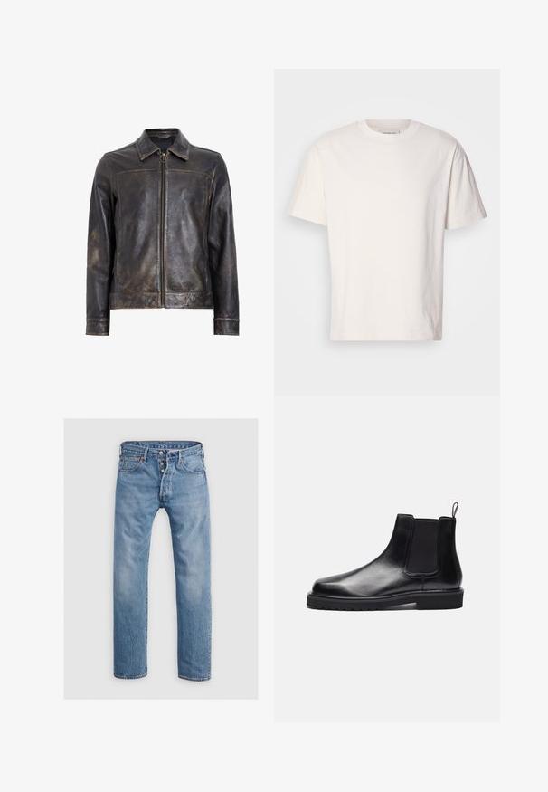 Jachetă din piele neagră cu închidere prin fermoar, guler înalt și o textură ușor uzată. Prezintă un accent hardware circular pe fermoar.; Tricou din bumbac de culoare crem, cu guler rotund. Mâneci scurte și o croială lejeră. Prezintă un mic logo pe guler. Textură netedă.; Jeans din denim de un albastru deschis, cu un design drept, cinci buzunare și o închidere cu nasture. Prezintă estompări subtile și accente de cusătură.; Zign LEATHER - Botine clasice - black