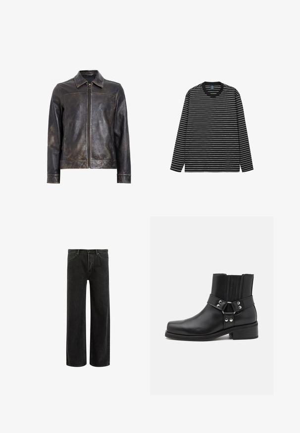 Black leather jacket with a zip closure, standing collar, and subtle distressed texture. Features a circular hardware accent on the zipper.; Long-sleeve black and white striped t-shirt made of soft cotton. Features a round neck and contrasting black ribbed collar.; Black denim wide-leg jeans with a high waist, featuring classic five-pocket design, and subtle fading for a textured appearance.; The Kooples CHAUSSURES - Cowboy/biker ankle boot - black