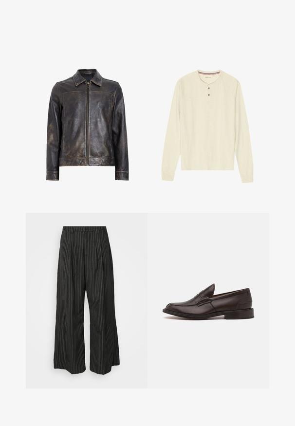Jachetă din piele neagră cu închidere prin fermoar, guler înalt și o textură ușor uzată. Prezintă un accent hardware circular pe fermoar.; Cămașă henley cu mânecă lungă dintr-un material ușor, de culoare crem. Prezintă un guler cu trei nasturi și un guler în dungi roșii și albastre. Mâneci raglan.; Pantaloni largi cu dungi negre, cu pliuri, având un design croit și o textură moale. Fără detalii sau accente vizibile.; Tricker's JAMES SOLE FIT - Pantofi slip-on eleganți - chesnut burnished
