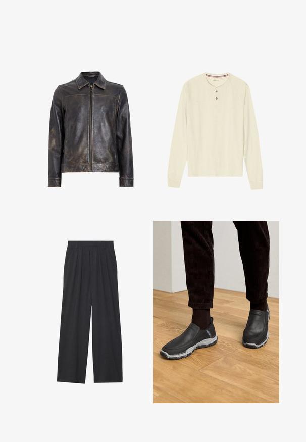 Melna ādas jaka ar rāvējslēdzēja aizdari, stāvošu apkakli un smalku nodilušu tekstūru. Iekļauj apļveida aparatūras akcentu uz rāvējslēdzēja.; Gara piedurkne henley krekls vieglā krēmkrāsas audumā. Iespējo trīs pogu slēgšanu un sarkanu un zilu svītrainu apkakli. Raglan piedurknes.; Platas piegriezuma bikses no tumši pelēka auduma. Iezīmes - izgriezumi jostasvietā, veidota forma un taisna silueta.; Melni slip-on apavi ar rakstainiem ādas augstiem un pelēku gumijas zoli, novietoti uz koka grīdas un korduroja biksēm.
