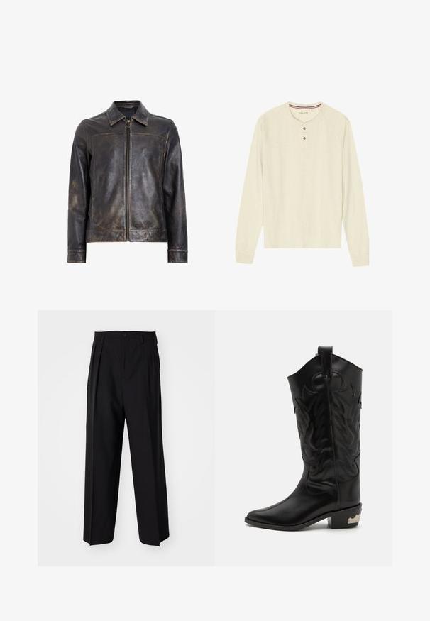 Cazadora de cuero negro con cierre de cremallera, cuello alto y textura sutilmente desgastada. Presenta un acento de hardware circular en la cremallera.; Camisa henley de manga larga en tejido ligero color crema. Presenta una tapeta de tres botones y un cuello a rayas rojas y azules. Mangas raglán.; Pantalones negros plisados con un diseño recto y de pierna ancha. Fabricados en una tela suave, presentan un cierre de botón y trabillas para el cinturón.; Bota vaquera de cuero negro con intrincados diseños en relieve, puntera afilada y un tacón bajo apilado con acentos metálicos.