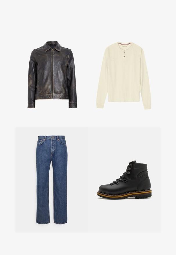 Casaco de couro preto com fecho de zíper, colarinho alto e uma textura suavemente desgastada. Apresenta um detalhe em hardware circular no zíper.; Camisa henley de manga longa em tecido leve na cor creme. Possui um placket de três botões e uma gola listrada em vermelho e azul. Mangas raglan.; Jeans de denim azul com um design de perna reta, apresentando um fecho com botão de metal, cinco bolsos e costura em contraste.; Bota de caminhada em couro preto com bico arredondado, atacadores robustos, gola acolchoada e uma sola em camadas contrastante em castanho e preto. Parte superior texturizada.