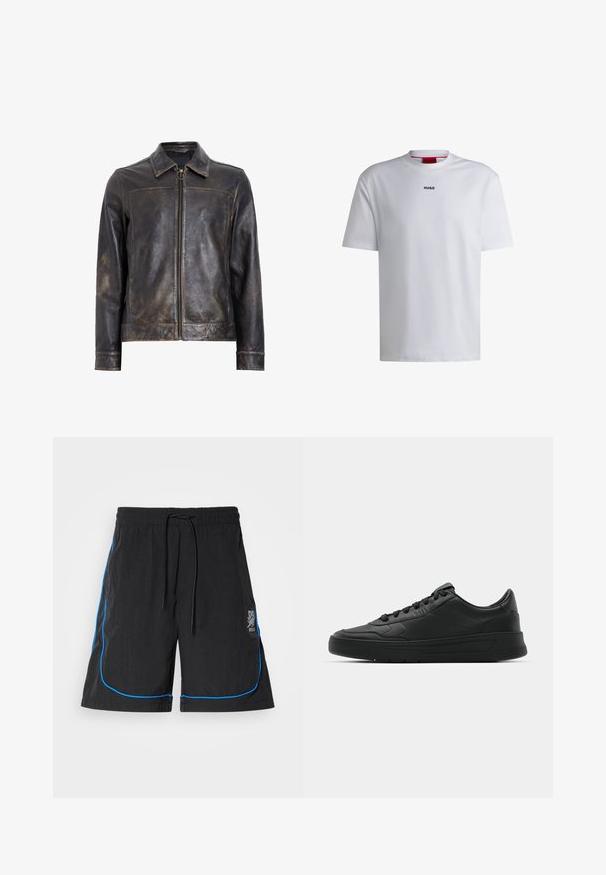 Mustat nahkatakki, jossa on vetoketju, seisova kaulus ja hienovarainen kulunut tekstuuri. Varustettu pyöreällä metalliosalla vetoketjussa.; Valkoinen puuvillapaita lyhyillä hihoilla, pyöreällä kaula-aukolla ja mustalla "HUGO"-logolla rinnassa. Tasainen rakenne, rento istuvuus, ei kuoseja.; Mustat uimaportsarit, joissa on nauhavyötärö, siniset tikkaukset saumoissa ja logo vasemmassa reiden kohdalla. Kevyt kangas.; Mustat lenkkitossut, joissa on sileä nahkapäällinen, pyöreä kärki, tasaiset nauhat, pehmustettu nilkka ja minimalistinen muotoilu. Kumia pohja, jossa on hillitty urakuvio.