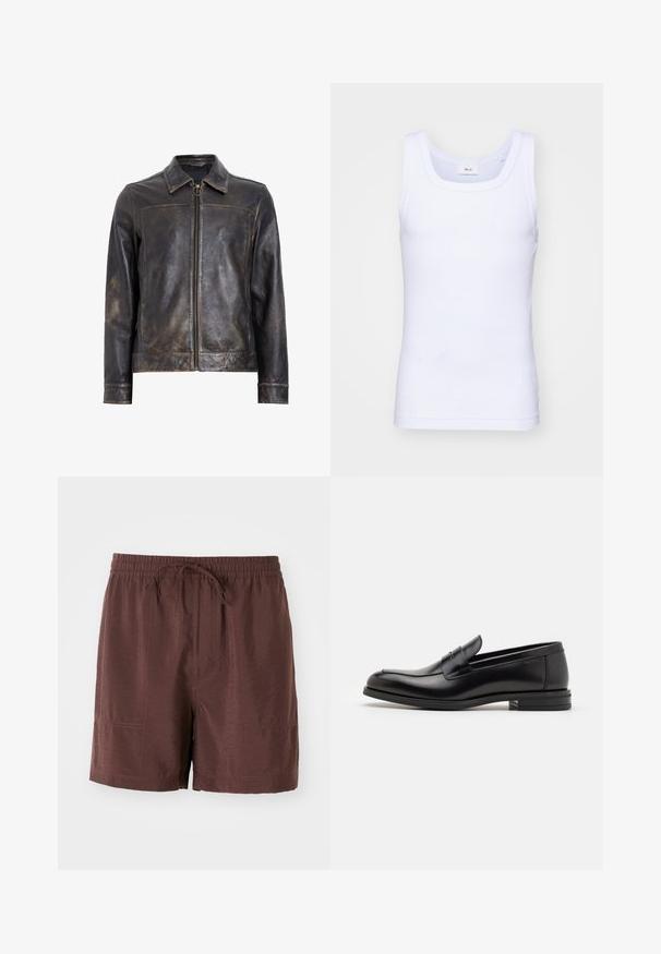 Veste en cuir noir avec fermeture éclair, col montant et texture légèrement usée. Présente un accent en métal circulaire sur la fermeture éclair.; Débardeur sans manches en coton blanc avec un col rond, présentant une texture lisse et une coupe ajustée, conçu pour un usage décontracté.; Shorts légers marron avec une taille élastique et un cordon de serrage. Présentent des poches latérales et une texture lisse légèrement brillante.; Mocassins en cuir noir avec une texture lisse, bout rond et une sangle décorative sur le dessus. Talon bas empilé, design minimaliste.