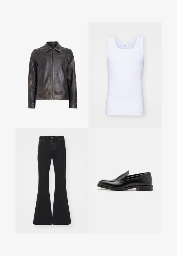 Melna ādas jaka ar rāvējslēdzēja aizdari, stāvošu apkakli un smalku nodilušu tekstūru. Iekļauj apļveida aparatūras akcentu uz rāvējslēdzēja.; Balta kokvilnas bez piedurknēm tank top krekliņš ar apaļu kakla izgriezumu, ar gludu tekstūru un pieguļošu formu, paredzēts ikdienas valkāšanai.; EYTYS CYRUS RAVEN - Džinsi ar paplatinātiem galiem - black; Melnas ādas kurpes ar gludu tekstūru, noapaļu purngalu un dekoratīvu siksniņu pāri priekšpusei. Zems sakrauts papēdis, minimālisma dizains.