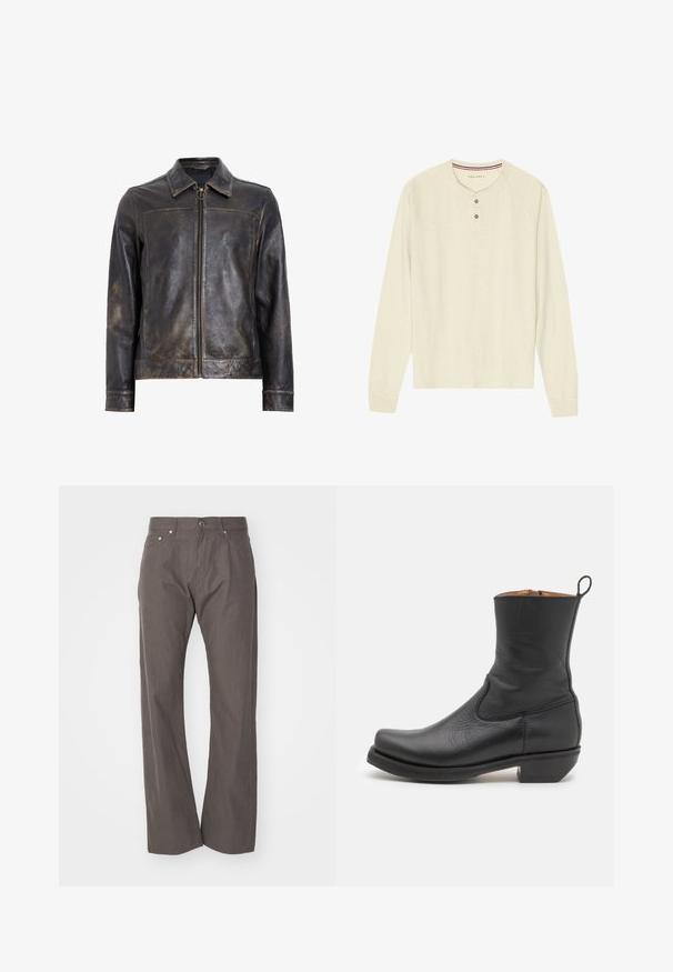 Casaco de couro preto com fecho de zíper, colarinho alto e uma textura suavemente desgastada. Apresenta um detalhe em hardware circular no zíper.; Camisola henley de manga comprida em creme, feita de tecido macio, com decote redondo canelado, carcela com dois botões e mangas raglan.; Weekday SPACE RELAXED STRAIGHT - Calças - dark mole; Botim de tornozelo em couro preto com textura suave, perfil esguio, costura lateral e um salto quadrado baixo. Possui uma alça na parte de trás.