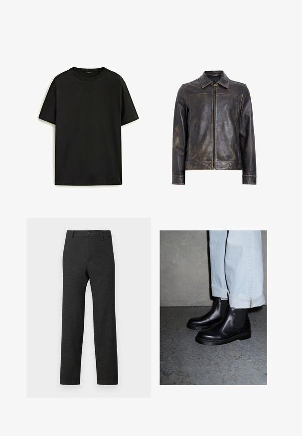 Czarna skórzana kurtka z zapięciem na zamek, stojącym kołnierzem i subtelną, postarzaną teksturą. Posiada okrągły detal dekoracyjny na zamku.; Czarny bawełniany t-shirt z klasycznym okrągłym dekoltem, krótkimi rękawami i luźnym krojem. Gładka faktura, bez wzorów ani ozdób.; Ciemnoszare spodnie wykonane z tkaniny woskowanej, z prostym krojem nogawek, z pętelkami na pasek i pojedynczym zapięciem na guzik w talii.; Czarne skórzane botki Chelsea z elastycznymi panelami po bokach i teksturowaną gumową podeszwą, zestawione z jasnoniebieskimi jeansami z mankietami.