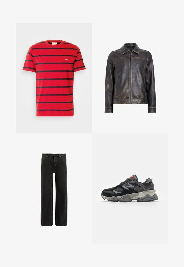 Juodas odinis švarkas su užtrauktuku, stovinčiu apykaklė ir subtiliu nusidėvėjimo tekstūru. Savybė - apvalus metalinis akcentas ant užtrauktuko.; Raudona medvilninė marškinė su horizontaliomis tamsiai mėlynomis juostelėmis, apvaliu iškirpimu ir maža siuvinėta logo ant krūtinės. Klasikinio kirpimo dizainas.; Juodi džinsai plačiomis kojomis su aukštu liemeniu, su klasikinio penkių kišenių dizainu ir švelniu prasiskverbimu dėl tekstūruotos išvaizdos.; Juodos ir pilkos sportbačiai su zomšos ir tinklelio medžiagų mišiniu, storu padu, išsiskiriančiu logotipu ir raudona akcentu ant liežuvėlio.