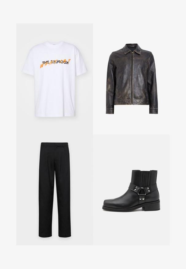 Sort læderjakke med lynlåslukning, stående krave og subtilt slidte tekstur. Har et cirkulært hardware-element på lynlåsen.; Hvid bomulds t-shirt med korte ærmer, der har teksten "THE KOOKS? HVAD ER?" i fed sort og orange skrift. Enkel design.; Sorte bukser lavet af glat stof, med et lige ben-design, to frontfolder og en standard talje med bæltestropper.; The Kooples CHAUSSURES - Cowboy- / bikerstøvlette - black