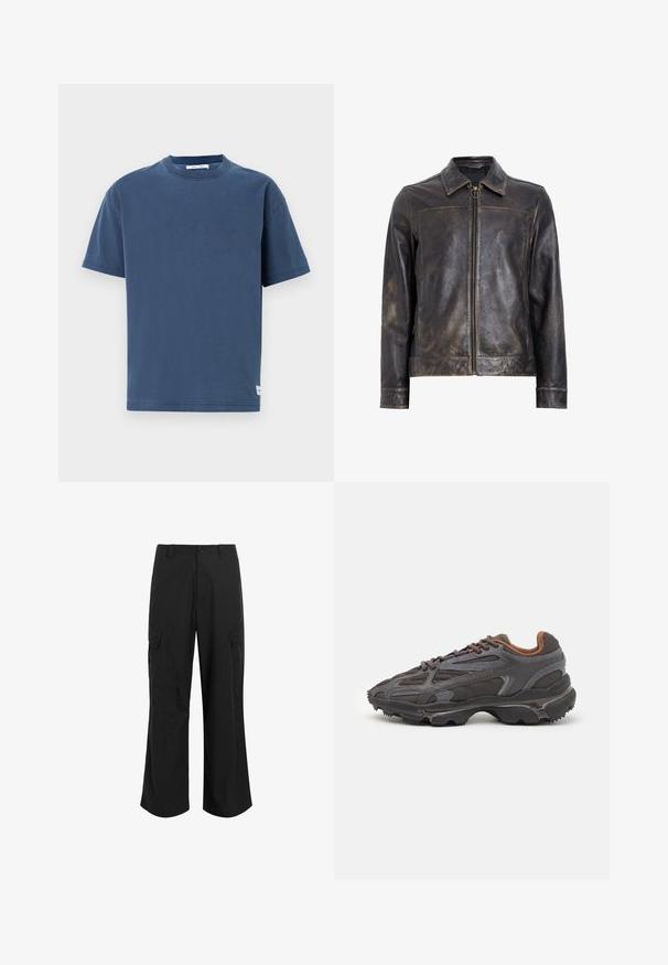 Juodas odinis švarkas su užtrauktuku, stovinčiu apykaklė ir subtiliu nusidėvėjimo tekstūru. Savybė - apvalus metalinis akcentas ant užtrauktuko.; Tamsiai mėlynas medvilninis marškinėliai, trumpomis rankovėmis, apvaliu kaklu, reguliaraus krūtinės dydžio, vientiso dizaino, turi mažą logotipo etiketę apatiniame krašte.; Juodi cargo kelnės, pagamintos iš lengvos medžiagos, turinčios laisvą siluetą, dvi dideles šonines kišenes ir mygtuko užsegimą.; Lacoste sportbačiai tamsiai pilki, pagaminti iš tinklinės ir sintetinių medžiagų, su tekstūruotu padu ir rudomis detalėmis ant apykaklės bei prekės ženklo.