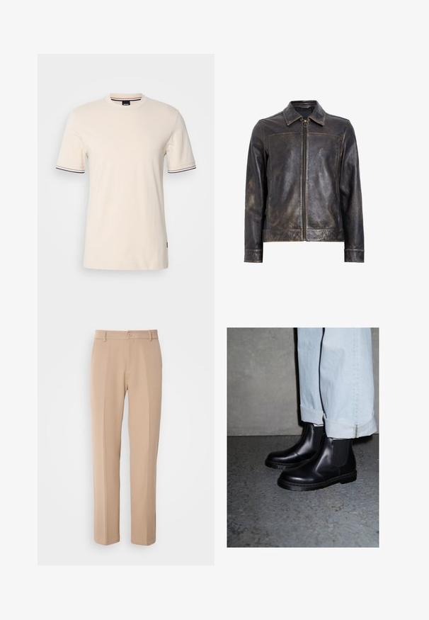 Černá kožená bunda s zipovým uzávěrem, stojáčkem a subtilními opotřebovanými detaily. Obsahuje kulatý kovový akcent na zipu.; Béžové tričko s krátkým rukávem vyrobené z bavlny, s kulatým výstřihem, kontrastním lemováním na rukávech a značkovou nášivkou na boku.; Béžové kalhoty vyrobené z hladkého materiálu, s rovnými nohavicemi, předním zapínáním na knoflík a jemnými sklady podél přední části.; Černé kožené Chelsea boty s elastickými bočními panely a texturovanou gumovou podrážkou, kombinované se světle modrými manžetovými džínami.