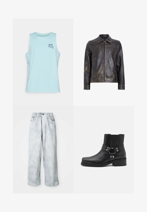 Giacca in pelle nera con chiusura a zip, colletto rialzato e una sottile texture invecchiata. Presenta un accento circolare in metallo sulla zip.; Top atletico senza maniche di colore azzurro chiaro con un piccolo motivo stampato in blu scuro vicino alla spalla sinistra che reca la scritta "Karma" accompagnata da forme astratte.; Jeans a gamba larga in denim chiaro con vita alta, chiusura frontale a bottone e zip, passanti per cintura e tasche anteriori e posteriori.; The Kooples CHAUSSURES - Stivaletti texani / biker - black