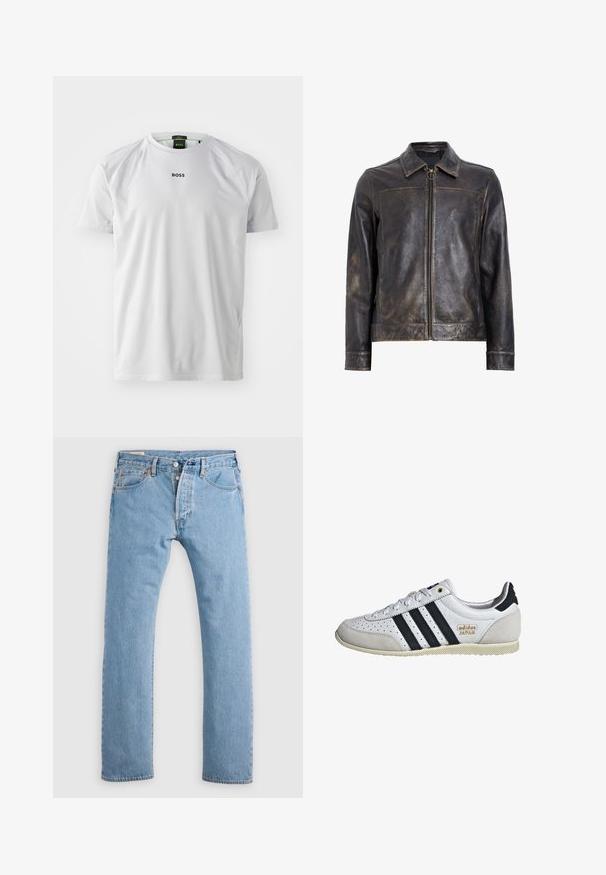 Černá kožená bunda s zipovým uzávěrem, stojáčkem a subtilními opotřebovanými detaily. Obsahuje kulatý kovový akcent na zipu.; Bílá košile s krátkým rukávem z hladkého materiálu, s kulatým výstřihem a malým černým logem "BOSS" na hrudi.; Svetle modré džíny rovného střihu s knoflíkovým zapínáním, poutky na opasek a předními a zadními kapsami, vystavené na bílém pozadí.; Bílé tenisky s černými pruhy a zlatým logem. Mají semišové a kožené materiály, perforovaný svršek a texturovanou gumovou podrážku.