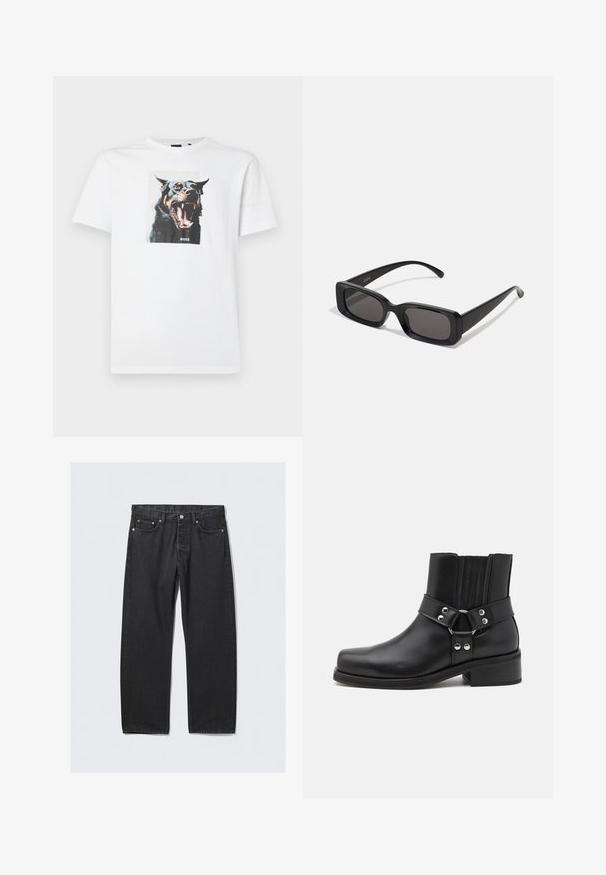 Czarna skórzana kurtka z zapięciem na zamek, stojącym kołnierzem i subtelną, postarzaną teksturą. Posiada okrągły detal dekoracyjny na zamku.; Biała bawełniana koszulka z dużym, kolorowym nadrukiem szczekającego psa na przodzie oraz napisem "BOSS" poniżej obrazka.; Czarne dżinsy z prostymi nogawkami, zapinane na guziki, z pięcioma kieszeniami i mosiężnymi akcentami. Gładka tekstura.; The Kooples CHAUSSURES czarny; Czarne prostokątne okulary przeciwsłoneczne z ciemnymi szkłami, błyszczącym wykończeniem, szerokimi zausznikami i masywną konstrukcją. Wygrawerowana nazwa marki na jednym z zauszników.