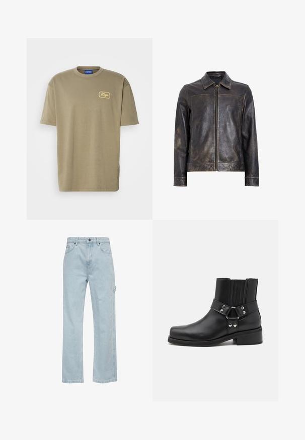 Cazadora de cuero negro con cierre de cremallera, cuello alto y textura sutilmente desgastada. Presenta un acento de hardware circular en la cremallera.; Camiseta de color verde oliva hecha de algodón, con cuello redondo y mangas cortas, con un logotipo bordado en amarillo que dice "Hugo" en el lado izquierdo del pecho.; Vaqueros de denim azul claro con un diseño de pierna recta, que cuentan con bolsillos delanteros y traseros, y un bolsillo lateral de tipo cargo. Textura suave, estilo casual.; The Kooples CHAUSSURES - Botines camperos - black