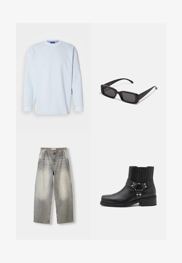 Črna usnjena jakna z zadrgo, stoječim ovratnikom in rahlo obrabljenim videzom. Ima krožni dodatak na zadrgi.; Svetlo modra dolga majica iz teksturirane tkanine. Ima okrogel izrez in rebraste manšete, z blagovno znamko vidno na ovratniku.; Široke kavbojke v svetlo sivi pranju. Imajo izbledele končne obdelave, pet žepov in zapiranje na gumb. Material je mehak denim.; The Kooples CHAUSSURES - Gležnjar v kavbojskem in motorističnem slogu - black; Črne pravokotne sončna očala z temnimi lečami, sijajna površina, široka ročaja in masiven okvir. Vgravirano ime blagovne znamke na eni ročaji.