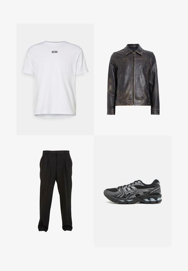 Črna usnjena jakna z zadrgo, stoječim ovratnikom in rahlo obrabljenim videzom. Ima krožni dodatak na zadrgi.; Bela bombažna majica s kratkimi rokavi, z okroglim ovratnikom in črnim logotipom "GCDS" natisnjenim na hrbtu. Preprost, brez okraskov oblikovanje.; Črne hlače iz gladkega materiala, s sprednjimi gubami, gumba na pasu in ozkimi manšetami na gležnjih. Klasična krojena silhueta.; Črne atletske čevlje z mrežasto zgornjimi deli, srebrnimi detajli in podplatom z oblazinjenjem. Imajo sistem vezalke in teksturirano podplato za oprijem.