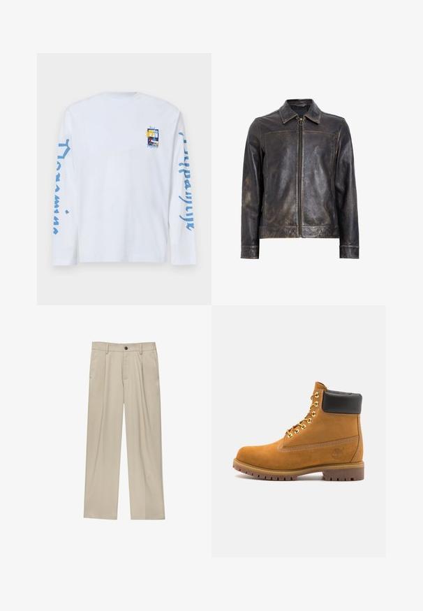 Crna kožna jakna sa zatvaračem na munju, stojećim ovratnikom i suptilnom izblijedjelom teksturom. Sadrži okrugli metalni detalj na munji.; Dug druge bijela majica s dugim rukavima napravljena od pamuka, koja sadrži mali grafički otisak na prsima i plavi tekst duž oba rukava.; Bež hlače ravnog kroja s jednim crnim gumbom, petljama za remen i bočnim džepovima. Glatka tekstura tkanine i minimalistički dizajn.; Antracitne antilop čizme do gležnjeva s crnim podstavljenim ovratnikom, zlatnim metalnim rupicama, bijelim šavovima i robusnom gumenom potplatom s izraženim šarama.