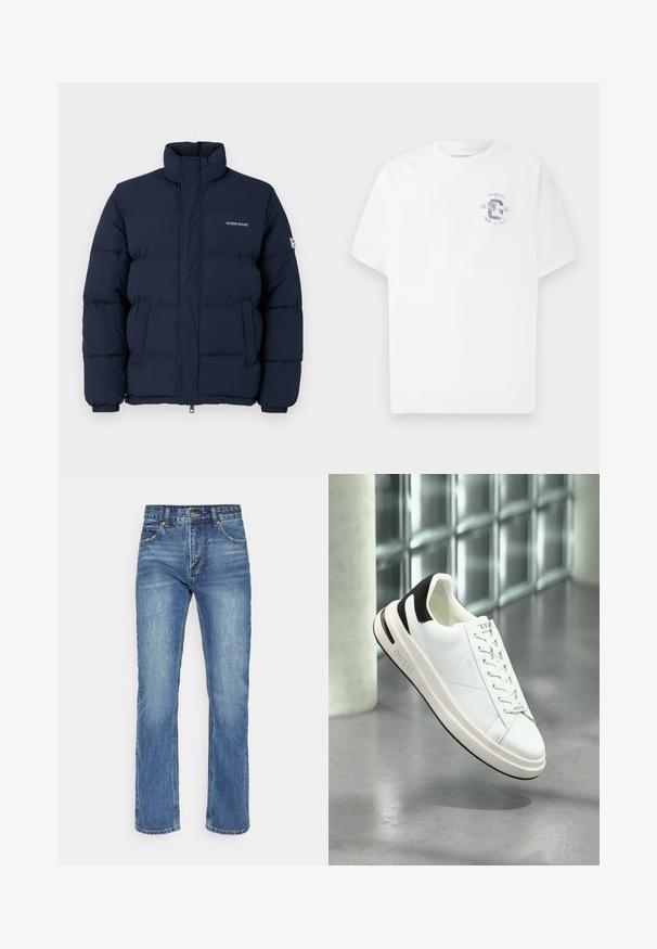 Tamsiai mėlynas pūkuotas švarkas su aukštu apykakle, užtrauktuko uždarymu ir ryškiu siūliniu raštu; turi logotipą ant krūtinės ir elastingas rankoves.; Balta trumpomis rankovėmis marškinėliai su apvalia iškirpte, ant kairės krūtinės yra mažas mėlynas grafikas, kuriame rašoma "Los Angeles CA 1981 Athletics".; Mėlynos džinsinės kelnės su tiesiomis kojomis, turinčios užtrauktuką, mygtukų uždarymą ir penkis kišenes, su išblukusiu plovimu.; Balti odiniai sportbačiai su juodais akcentais, plokščia raištelių uždarymo sistema ir tekstūruotu padu. Šone ir liežuvyje matomas "GUESS" logotipas.