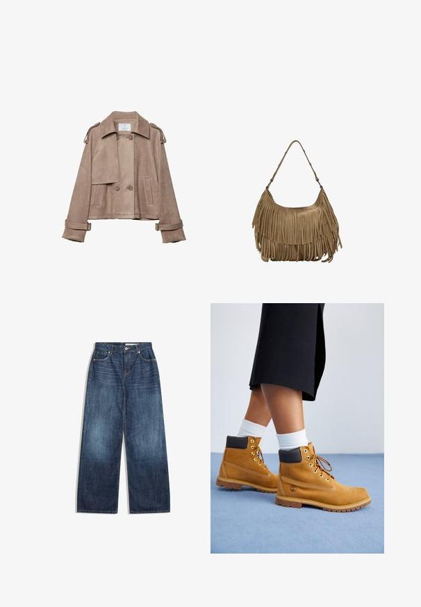 Beige suedetjakke med dobbeltrækket front, bred krave og skulderklapper. Har store knapper og bælteærmer, kort design.; Grå strikket cardigan med rund halsudskæring, bølget knapstolpe og flæseærmer. Har små lyserøde knapper og ribbet kant.; Brun bodysuit med justerbare spaghetti-stropper og blonderkant ved en dyb V-udskæring. Glat tekstur, tætsiddende design og højt skårne ben.; Bredde ben jeans i mørkeblå denim med fem lomme-design, lyse syninger og knaplukning ved taljen.; Tan ruskindsankelstøvler med brune læderdetaljer, guldøjer og en struktureret sål. Hvide sokker synlige over støvlerne.; Brun ruskind skuldertaske med lange frynser, en buet form og en enkelt skulderrem. Har en glat, tekstureret overflade.