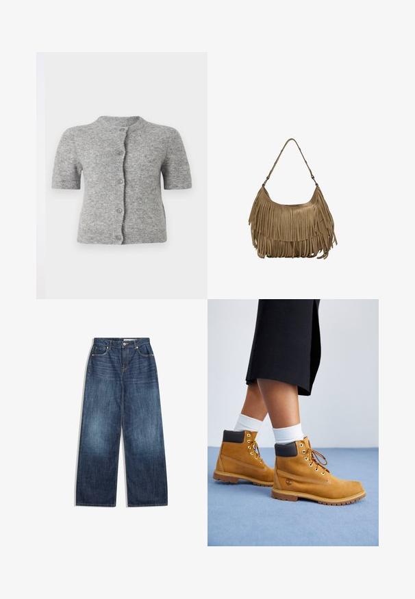 Giacca in suede beige con frontale doppiopetto, ampio colletto e mostrine sulle spalle. Presenta grandi bottoni e polsini con cintura, design corto.; Cardigan grigio chiaro a maniche corte realizzato in tessuto morbido, con scollo rotondo, chiusura con bottoni e dettagli a costine all'orlo e alle maniche.; Body marrone con spalline sottili regolabili e bordo in pizzo su una profonda scollatura a V. Tessuto liscio, design aderente e gambe alte.; Jeans a gamba larga in denim blu scuro, con cinque tasche, cuciture chiare e chiusura con bottone in vita.; Stivali alla caviglia in suede beige con accenti in pelle marrone, occhielli dorati e suola testurizzata. Calzini bianchi visibili sopra gli stivali.; Borsa a tracolla in suede marrone con lunghi dettagli in frange, forma curva e una singola tracolla. Presenta una superficie liscia e testurizzata.