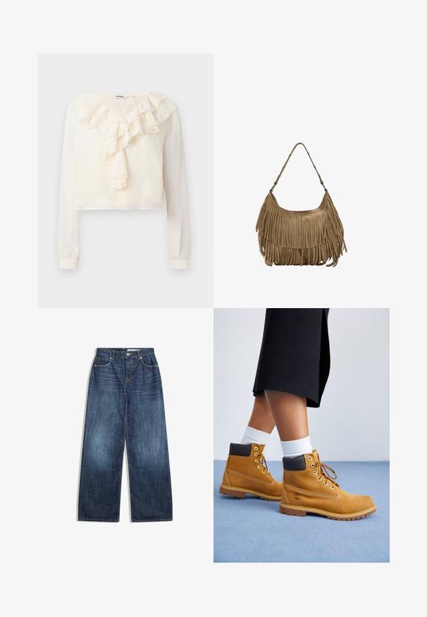 Giacca in suede beige con frontale doppiopetto, ampio colletto e mostrine sulle spalle. Presenta grandi bottoni e polsini con cintura, design corto.; Blusa bianca a maniche lunghe con scollo a V e dettagli arricciati sul davanti. Realizzata in tessuto leggero, presenta un design corto e una texture morbida.; Jeans a gamba larga in denim blu scuro, con cinque tasche, cuciture chiare e chiusura con bottone in vita.; Stivali alla caviglia in suede beige con accenti in pelle marrone, occhielli dorati e suola testurizzata. Calzini bianchi visibili sopra gli stivali.; Borsa a tracolla in suede marrone con lunghi dettagli in frange, forma curva e una singola tracolla. Presenta una superficie liscia e testurizzata.