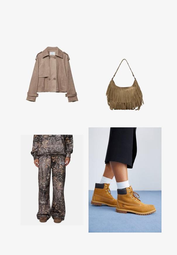 Beige suede jacket with a double-breasted front, wide collar, and shoulder epaulets. Features large buttons and belted cuffs, cropped design.; Brown bodysuit with adjustable spaghetti straps and a lace trim on a deep V-neckline. Smooth texture, fitted design, and high-cut legs.; Camo-patterned sweatpants with a loose fit, made from a soft material in shades of brown, gray, and beige. Includes side pockets.; Tan suede ankle boots with brown leather accents, gold eyelets, and a textured sole. White socks visible above the boots.; Brown suede handbag with long fringe details, a curved shape, and a single shoulder strap. Features a smooth, textured surface.