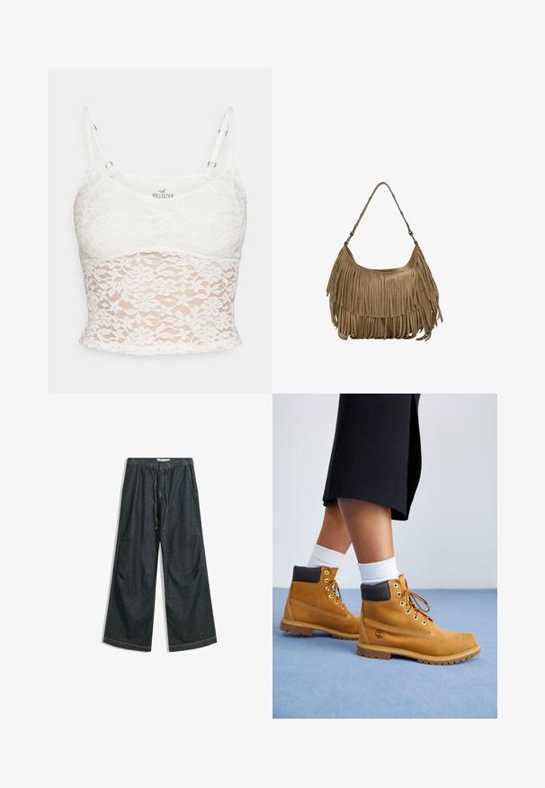 Beige suedetjakke med dobbeltrækket front, bred krave og skulderklapper. Har store knapper og bælteærmer, kort design.; Hvid blonde cami-top med justerbare stropper, blomsterlignende blonde mønster og en tætsiddende silhuet med en solid foring.; Bredde ben, mørke denim bukser med elastisk talje og snor. Har sidelommer og lige nederkanter med diskrete syningsdetaljer.; Tan ruskindsankelstøvler med brune læderdetaljer, guldøjer og en struktureret sål. Hvide sokker synlige over støvlerne.; Brun ruskind skuldertaske med lange frynser, en buet form og en enkelt skulderrem. Har en glat, tekstureret overflade.