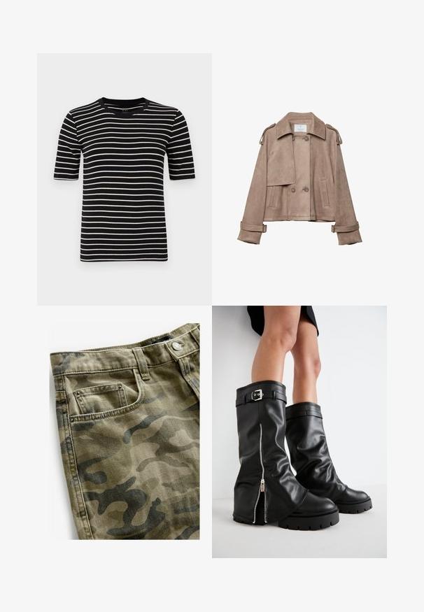 Giacca in suede beige con frontale doppiopetto, ampio colletto e mostrine sulle spalle. Presenta grandi bottoni e polsini con cintura, design corto.; T-shirt a righe bianche e nere, maniche corte, collo tondo, realizzata in morbido jersey di cotone, con righe uniformi e vestibilità standard.; Next Shorts di jeans - camo print; Stivali alti neri in pelle con alti fianchi, dotati di cerniera laterale e accentuato con fibbia, finitura testurizzata e suola in gomma spessa.