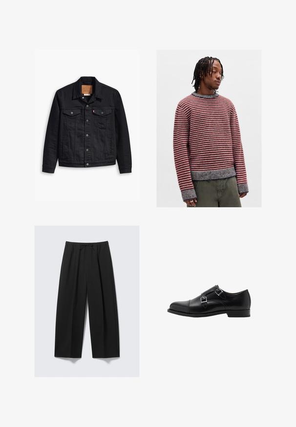 Czarna kurtka dżinsowa z klasycznym kołnierzykiem, zapięciem na guziki, dwiema kieszeniami na piersi, szczegółowym szyciem oraz skórzaną metką z logo.; Czerwono-szaro paskowany sweter z okrągłym dekoltem, prążkowanymi mankietami i nieco skróconym krojem. Miękka tekstura z luźnym fasonem.; Czarne spodnie szerokie wykonane z lekkiego materiału, z elastycznym paskiem w talii i sznurkiem do regulacji, bez widocznych kieszeni.; Czarne skórzane buty typu double monk strap z okrągłym czubkiem i srebrnymi klamrami. Gładka tekstura i płaska pięta zapewniają stabilność.