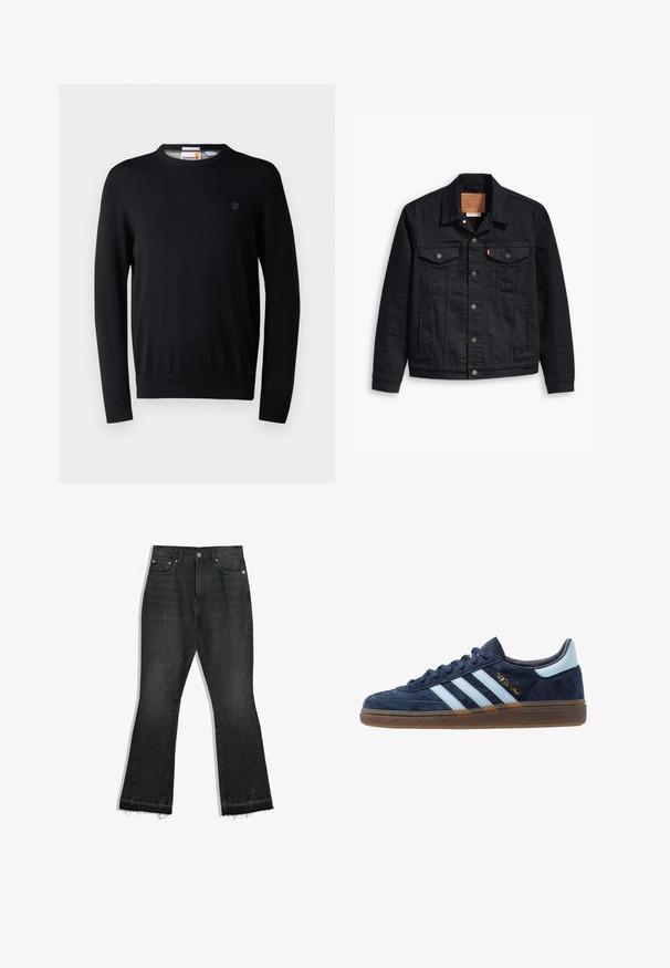 Schwarze Denimjacke mit klassischem Kragendesign, Knopfleiste, zwei Brusttaschen, detaillierter Stickerei und einem Leder-Logo-Patch.; Schwarzer Strickpullover mit Rundhalsausschnitt, langen Ärmeln, gerippten Bündchen und Saum sowie einem kleinen Logodetail auf der Brust. Weiche Textur.; Schwarze, ausgestellte Jeans aus Denim mit fransigem Saum, Fünf-Pocket-Design und Knopfverschluss. Glatte Textur, mittelschwerer Stoff.; Marineblaue Wildleder Adidas Sneaker mit hellblauen Streifen, Gummisohle, hellblauer Fersenkappe und goldener "Spezial"-Markierung an der Seite.