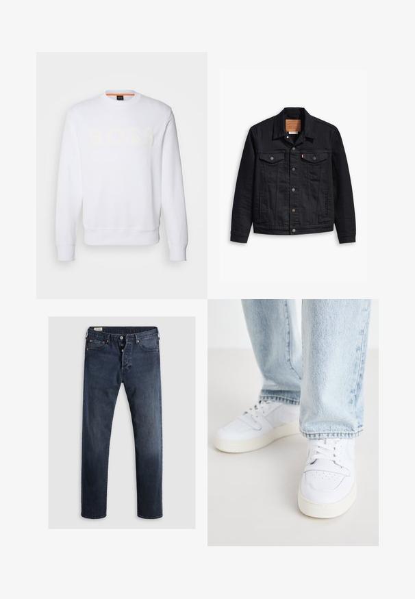 Fekete farmerdzseki klasszikus galléros kialakítással, gombos elülső zárással, két mellzsebbel, részletes varrással és bőr márkajelzéssel.; BOSS Melegítőfelső - white; Sötétkék farmernadrág, egyenes szárú kivitelben, cipzáras, fémből készült gombokkal és réz szegecsek díszítéssel. Simas textura, látható minták nélkül.; Fehér bőr alacsony szárú sportcipők perforált orral, lapos fűzőkkel és minimalista kialakítással. Világoskék farmernadrággal párosítva.