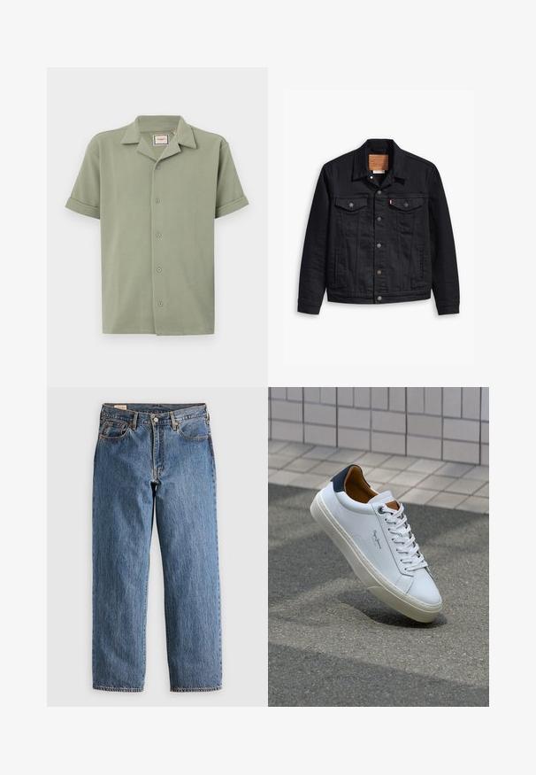 Svart denimjakke med klassisk krage-design, knappelukking foran, to brystlommer, detaljerte sting og et lærmerke.; Kortermet skjorte i lys grønn, laget av teksturert stoff med notches krage og seks-knapp frontlukking. Rullede ermer gir en avslappet passform.; Blå denim jeans med rett snitt, med høy midje, kobbernitter og oransje sømmer. For- og baklommer inkludert.; Hvit lærsneaker med marineblå hæl, rund tå og kontrasterende brune detaljer. Har flate lisser og teksturert gummisåle.