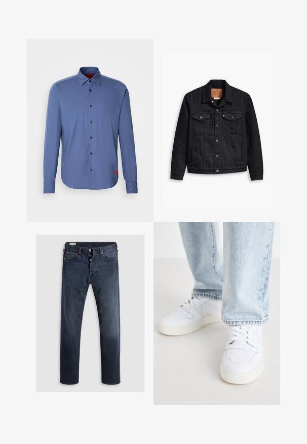 Jaqueta de denim preto com um design clássico de gola, fecho frontal de botão, dois bolsos no peito, costura detalhada e um patch de marca em couro.; Camisa azul de manga longa feita de tecido suave, com frente abotoada, botões pretos e um pequeno logotipo vermelho no lado esquerdo.; Jeans de ganga azul-escuro com corte reto, apresentando um fecho de zíper, botões de metal e detalhes em rebites de cobre. Textura suave, sem padrões visíveis.; Sneakers brancos de couro de cano baixo com biqueira perfurada, atacadores planos e design minimalista. Combinados com jeans de ganga de cor azul clara.