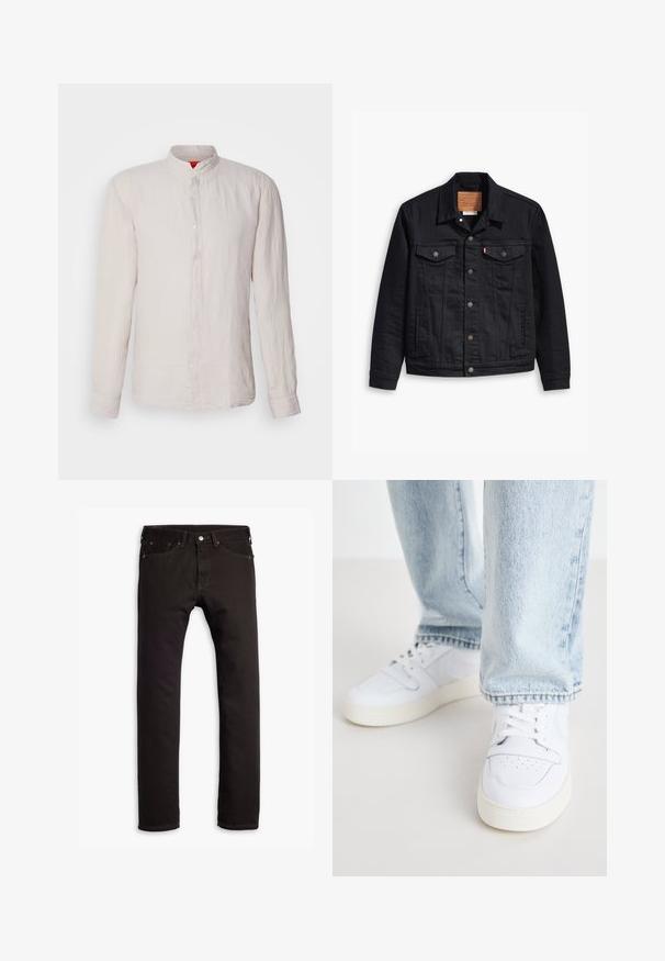 Giacca in denim nera con un design classico con colletto, chiusura frontale a bottoni, due tasche sul petto, cuciture dettagliate e una patch in pelle con il marchio.; HUGO ELVORY - Camicia - light/pastel grey; Jeans neri slim-fit con cinque tasche e chiusura con bottone, mostrati distesi su uno sfondo bianco.; Sneakers bianchi in pelle a bassa punta con punta perforata, lacci piatti e design minimalista. Abbinati a jeans di denim azzurro chiaro.