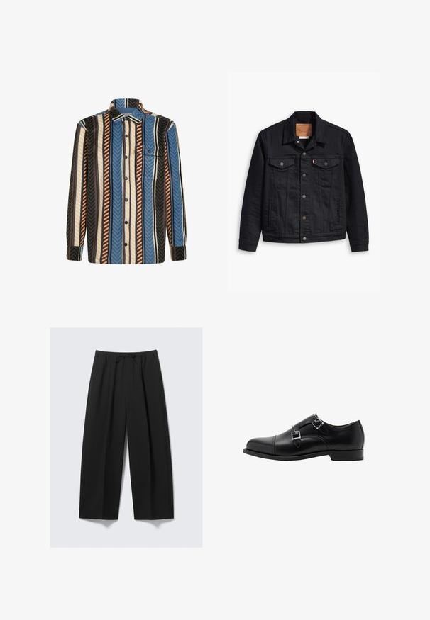 Jacketa din denim negru cu un design clasic cu guler, închidere frontală cu butoane, două buzunare pe piept, cusături detaliate și o etichetă de marcă din piele.; Cămașă cu mâneci lungi, cu nasturi, cu dungi verticale în nuanțe de albastru, brun, alb și negru, având un buzunar pe piept cu clapetă cu buton.; Pantaloni negri cu fuste largi, confecționați dintr-un material ușor, cu un talie elastică și șnur, fără buzunare vizibile.; Pantofii din piele neagră cu două catarame, cu vârful rotunjit și catarame argintii. Textura netedă și tocul plat oferă stabilitate.