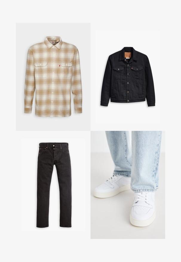Čierna denimová bunda s klasickým golierom, predným zapínaním na gombíky, dvoma náprsníkovými vreckami, detailným prešívaním a koženou značkovou nášivkou.; Levi's® JACKSON - Košeľa - tyrone iced coffee; Čierne slim-fit džínsy s gombíkovým zapínaním, piatimi vreckami a medenými nitmi položené na bielom pozadí.; Biele kožené nízke tenisky s perforovanou špičkou, plochými šnúrkami a minimalistickým dizajnom. Skombinované s svetlomodrými džínsami.