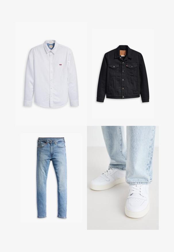 Jaqueta de denim preto com um design clássico de gola, fecho frontal de botão, dois bolsos no peito, costura detalhada e um patch de marca em couro.; Camisa branca de manga longa, com botões, feita de algodão. Apresenta um colarinho pontiagudo e um pequeno logotipo vermelho da Levi's no lado esquerdo do peito. Textura suave.; Jeans de denim azul claro com um corte straight, cinco bolsos, fecho de botão e um desbotamento sutil por toda a peça.; Sneakers brancos de couro de cano baixo com biqueira perfurada, atacadores planos e design minimalista. Combinados com jeans de ganga de cor azul clara.