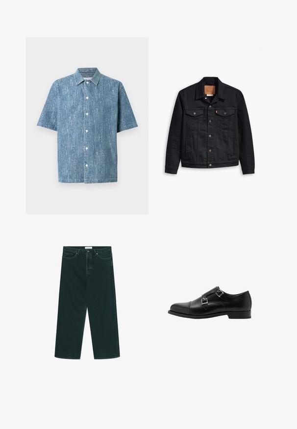 Giacca in denim nera con un design classico con colletto, chiusura frontale a bottoni, due tasche sul petto, cuciture dettagliate e una patch in pelle con il marchio.; Camicia a maniche corte con bottoni in tessuto di denim blu con finitura strutturata, caratterizzata da un colletto classico e bottoni bianchi.; Jeans in denim verde scuro a gamba larga con chiusura a bottone e zip, tasche anteriori e passanti per cintura, disposti su uno sfondo bianco.; Scarpe doppie monk in pelle nera con punta arrotondata e fibbie argentate. La texture liscia e il tacco piatto offrono stabilità.