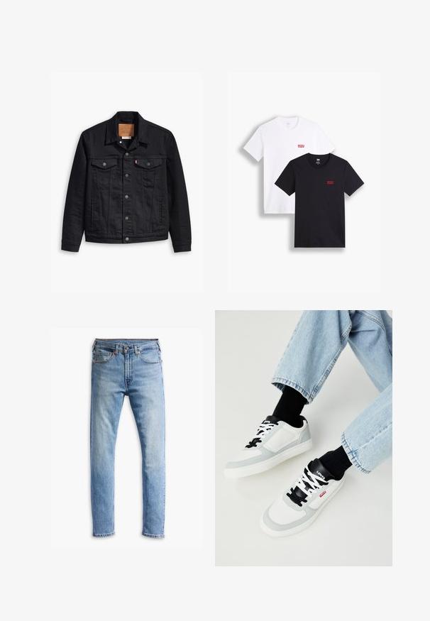 Schwarze Denimjacke mit klassischem Kragendesign, Knopfleiste, zwei Brusttaschen, detaillierter Stickerei und einem Leder-Logo-Patch.; Zwei kurzärmlige T-Shirts: eines in Weiß und eines in Schwarz. Beide aus Baumwolle mit einem roten Levi's-Logo auf der Brust. Einfaches Rundhals-Design.; Hellblaue Jeans aus Denim mit geradem Schnitt, fünf Taschen, Knopfverschluss und subtiler Ausbleichung über den Stoff.; Weiße und graue Sneaker mit schwarzen Akzenten, ausgestattet mit einem oberen Teil aus glattem Leder und Textil, abgerundetem Zehenbereich und Schnürverschluss.