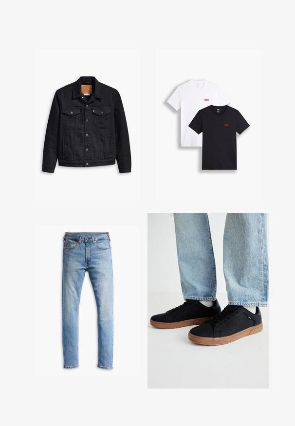 Chaqueta de mezclilla negra con un diseño clásico de cuello, cierre frontal de botones, dos bolsillos en el pecho, costuras detalladas y una etiqueta de marca de cuero.; Dos camisetas de manga corta: una blanca y una negra. Ambas de algodón con un logo rojo de Levi's en el pecho. Diseño simple de cuello redondo.; Vaqueros de denim azul claro con un diseño de corte recto, cinco bolsillos, cierre de botón y un leve desgastado en la tela.; Zapatillas negras con una textura suave y suelas de goma marrón. Diseño de cordones con perforaciones sutiles y una silueta esbelta.