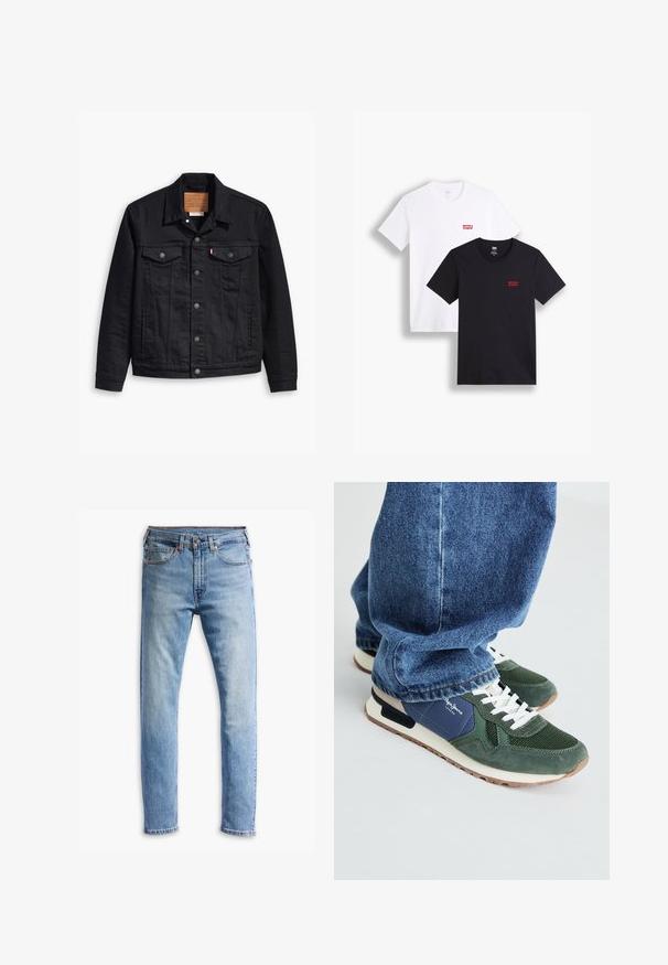 Czarna kurtka dżinsowa z klasycznym kołnierzykiem, zapięciem na guziki, dwiema kieszeniami na piersi, szczegółowym szyciem oraz skórzaną metką z logo.; Dwie koszulki z krótkim rękawem: jedna biała, a druga czarna. Obie wykonane z bawełny z czerwonym logo Levi's na piersi. Prosty design z okrągłym dekoltem.; Jasnoniebieskie dżinsy o prostym kroju, pięć kieszeni, zapięcie na guzik i delikatne przetarcia na materiale.; Zielone i granatowe sneakersy z siateczkowym i zamszowym wykończeniem, białe sznurowadła i beżowa podeszwa. Noszone z niebieskimi dżinsami, odsłaniającymi kostki.