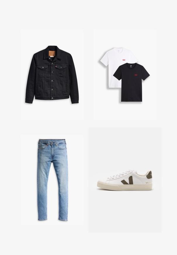Svart denimjakke med klassisk krage-design, knappelukking foran, to brystlommer, detaljerte sting og et lærmerke.; To korte ermesskjorter: en hvit og en svart. Begge laget av bomull med en rød Levi's-logo på brystet. Enkel rund hals-design.; Lyseblå denimjeans med rett snitt, fem lommer, knappelukking og subtil falming over stoffet.; Hvite skinnsneakers med lys beige gummisåle. Har brun semsket V-logo og hæltab. Snøring med strukturert overflate.