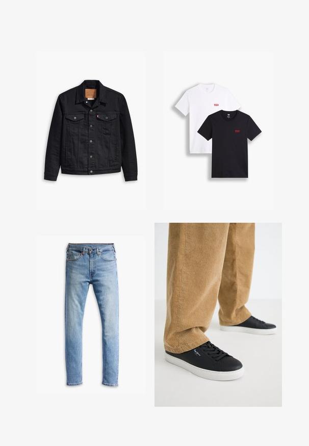 Crna traper jakna s klasičnim dizajnom ovratnika, zatvaranjem na gumbe sprijeda, dva džepa na prsima, detaljnim šavovima i kožnom oznakom branda.; Dva majice kratkih rukava: jedna bijela i jedna crna. Obe su od pamuka s crvenim Levi's logotipom na prsima. Jednostavan dizajn s okruglim izrezom.; Svijetloplave traperice s ravnim krojem, pet džepova, zatvaranje na gumb i suptilno izbljeđivanje po tkanini.; Crne kožne tenisice s bijelim gumenim potplatima. Nosive su s tamnim trapericama od kedera koje imaju vertikalne rebrane i ležeran kroj.