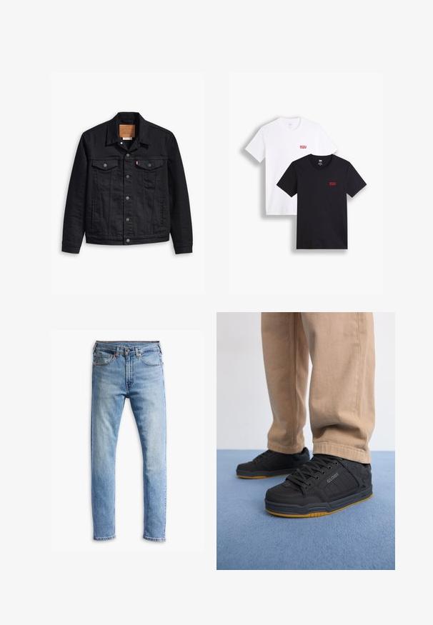 Black denim jacket with a classic collared design, button front closure, two chest pockets, detailed stitching, and a leather brand patch.; Two short-sleeve t-shirts: one white and one black. Both made of cotton with a red Levi's logo on the chest. Simple crew-neck design.; Light blue denim jeans with a straight-cut design, five pockets, button closure, and subtle fading across the fabric.; Black skate shoes with textured synthetic upper, cushioned sole, grey laces, and gum rubber outsole. Worn with light beige pants.