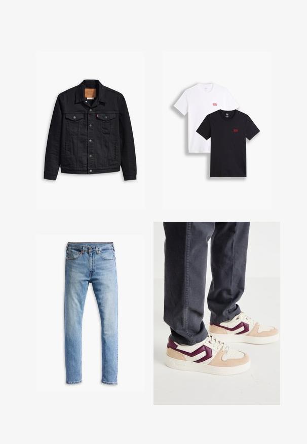 Μαύρο τζάκετ από τζιν με κλασικό σχέδιο γιακά, κλείσιμο με κουμπιά στο μπροστινό μέρος, δύο θήκες στο στήθος, λεπτομερής ραφή και ένα δερμάτινο λογότυπο.; Δύο κοντομάνικες μπλούζες: μία λευκή και μία μαύρη. Και οι δύο είναι φτιαγμένες από βαμβάκι με ένα κόκκινο λογότυπο της Levi's στο στήθος. Απλός σχεδιασμός με στρογγυλή λαιμόκοψη.; Ανοιχτό μπλε τζιν παντελόνι με σχεδίαση ίσιας γραμμής, πέντε τσέπες, κλείσιμο με κουμπί και διακριτική φθορά σε όλη την ύφανση.; Αθλητικά παπούτσια με κρέμ άνω μέρος, ροζ σουέτ λεπτομέρειες και μπορντό γεωμετρικό σχέδιο. Χοντρή λευκή σόλα και κορδόνια με υφή.