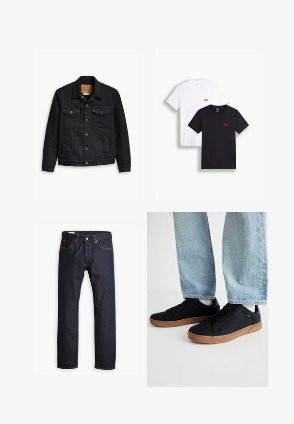 Chaqueta de mezclilla negra con un diseño clásico de cuello, cierre frontal de botones, dos bolsillos en el pecho, costuras detalladas y una etiqueta de marca de cuero.; Dos camisetas de manga corta: una blanca y una negra. Ambas de algodón con un logo rojo de Levi's en el pecho. Diseño simple de cuello redondo.; Jeans de mezclilla azul oscuro con un diseño de pierna recta, costuras naranjas y estilo de cinco bolsillos con cierre de botón metálico.; Zapatillas negras con una textura suave y suelas de goma marrón. Diseño de cordones con perforaciones sutiles y una silueta esbelta.