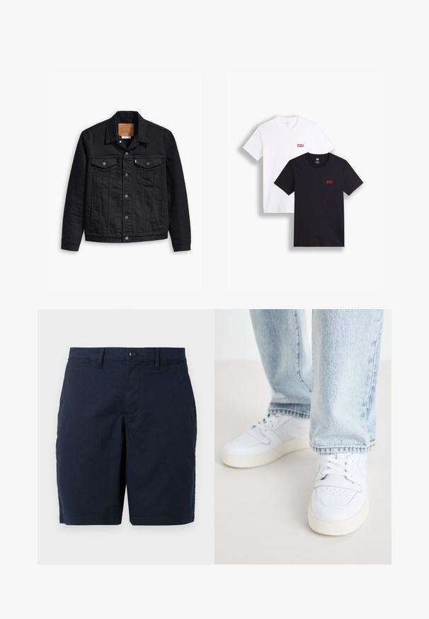 Jaqueta de denim preto com um design clássico de gola, fecho frontal de botão, dois bolsos no peito, costura detalhada e um patch de marca em couro.; Duas t-shirts de mangas curtas: uma branca e uma preta. Ambas feitas de algodão com um logótipo vermelho da Levi's no peito. Design simples de gola redonda.; Bermudas azul-marinho feitas de um tecido leve. Com fecho de botão, frente lisa e dois bolsos laterais. Design clássico com corte reto.; Sneakers brancos de couro de cano baixo com biqueira perfurada, atacadores planos e design minimalista. Combinados com jeans de ganga de cor azul clara.