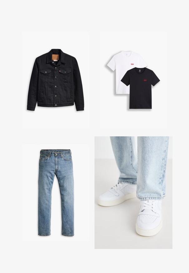 Jaqueta de denim preto com um design clássico de gola, fecho frontal de botão, dois bolsos no peito, costura detalhada e um patch de marca em couro.; Duas t-shirts de mangas curtas: uma branca e uma preta. Ambas feitas de algodão com um logótipo vermelho da Levi's no peito. Design simples de gola redonda.; Jeans de denim azul, de perna reta, com cinco bolsos, passantes para cinto e fecho com botão de metal sobre um fundo branco.; Sneakers brancos de couro de cano baixo com biqueira perfurada, atacadores planos e design minimalista. Combinados com jeans de ganga de cor azul clara.